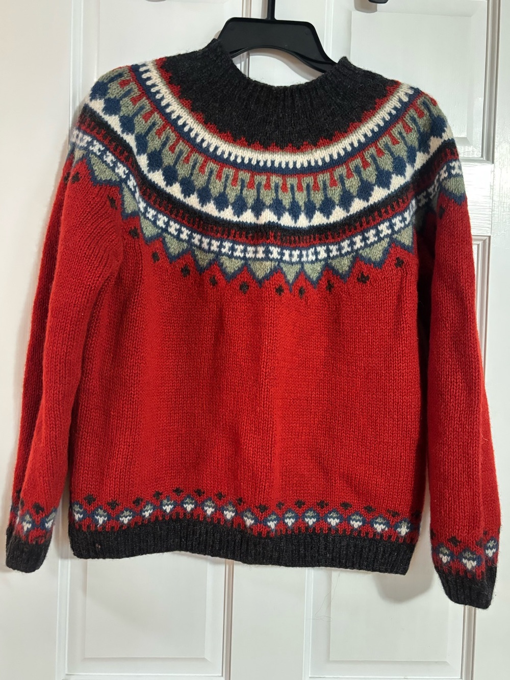 Eddie Bauer Red Fair Isle Crewneck Sweater with Blue, Cream & Gray